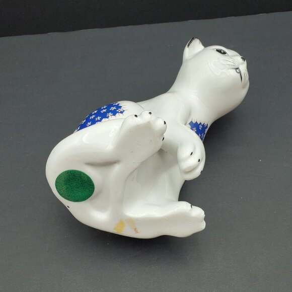 Patchwork Cat Ceramic Figurine White Cat Statue with Blue & Red Patches - Picture 7 of 8